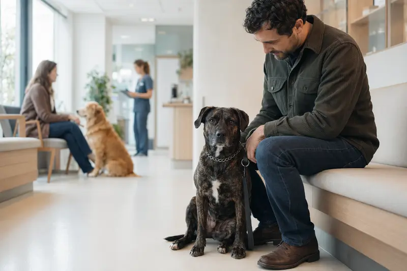 Ein Alano Hund sitzt ruhig neben seinem Besitzer im hellen Wartezimmer einer modernen Tierarztpraxis.